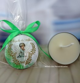10 latinhas com vela personalizadas para lembrancinha de batizado anjinho verde