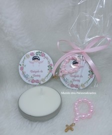 10 velas perfumadas com mini tero lembrancinha de batizado rosa