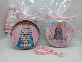 10 Latinhas Personalizadas com orao dentro da latinha e Mini tercinho rosa Nossa Senhora de Aparecida
