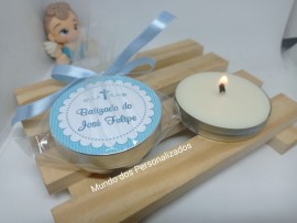 10 latinhas com vela personalizadas para lembrancinha de Batizado azul